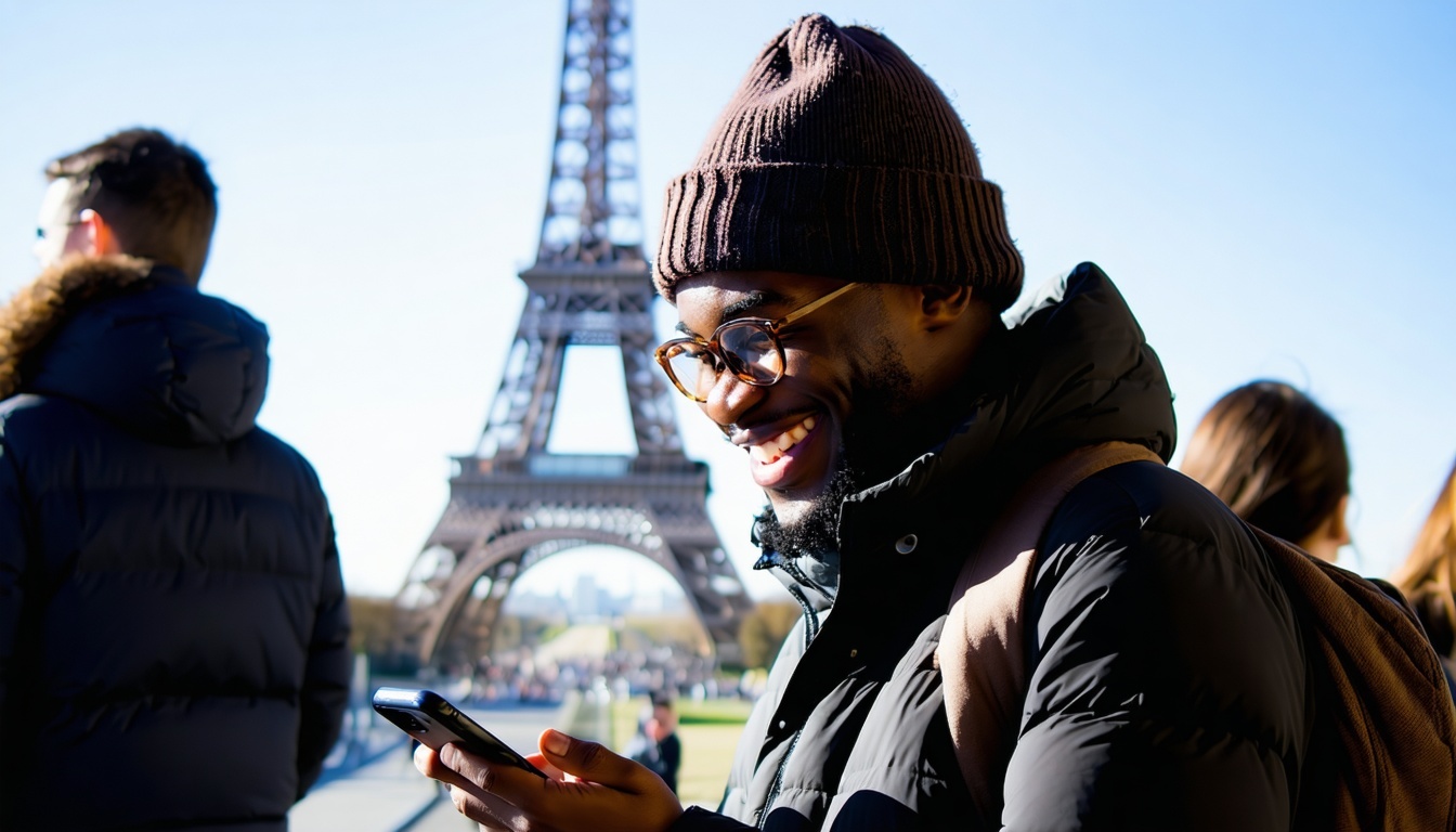 I want an image of someone delighted looking at his phone in Paris
